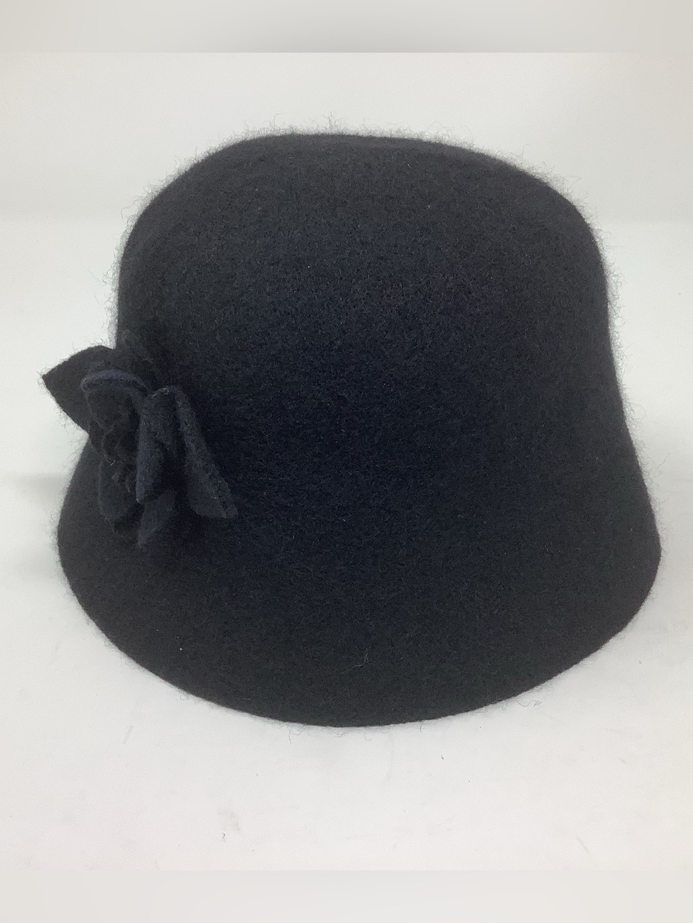 Vintage August Wool Blend Black Cloche Hat with Flower Detail